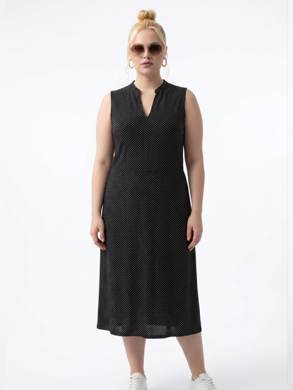 Anne Klein Sleeveless Black Polka Dot Midi Dress - Classic Women's Dress 14